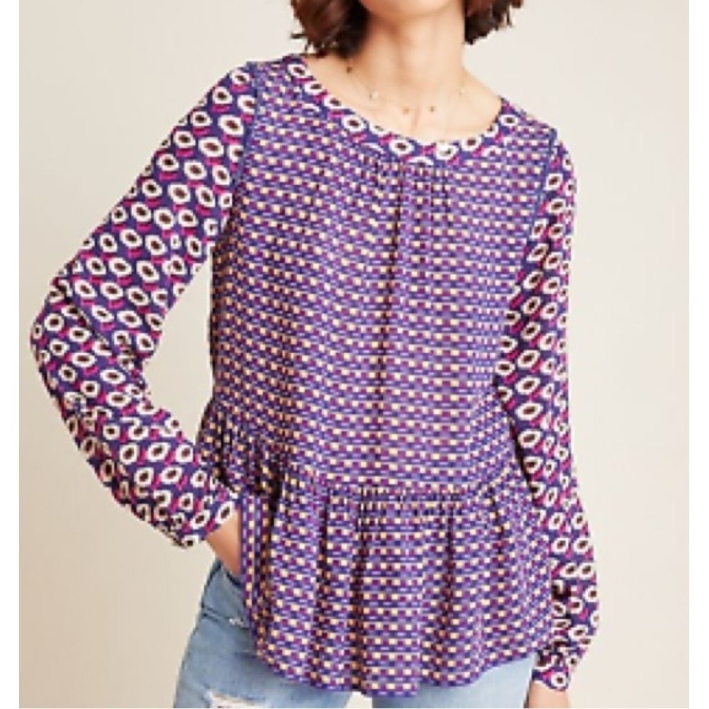 Anthropologie Maeve‎ L Floral Abstract Cheyenne Peplum Long Slv Blouse Top Color